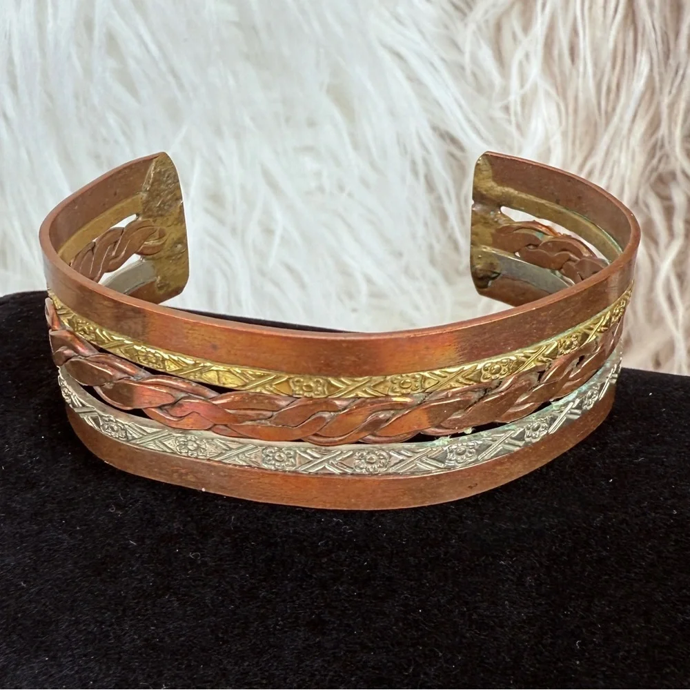 Vintage Mixed Metal Braided Copper Cuff Bracelet Boho Unisex Statement